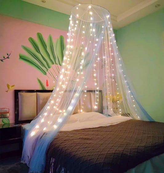 Eimilaly Two-Tone Bed Canopy Mosquito Net White Blue with Warm Lights, Bed Canopy for Girls Room Decor, Single Door