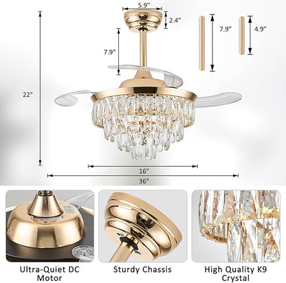 LEONTYNE 36" Modern Crystal Ceiling Fan with Lights and Remote Invisible Retractable LED Dimmable Chandelier Fan 3 Blades 6 Speeds Fandelier for Bedroom Living Room Dining Room(Gold)