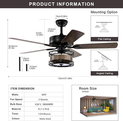 NicBex Ceiling Fan 52 Inch Ceiling Fan with Lights Vintage Ceiling Fans with 5 Blades and Remote Control Reversible Ceiling Fan with Lamp Shade for Bedroom, Living Room, Matte Black