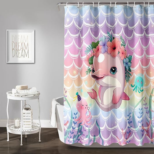 AILONEN Cute Dolphin Shower Curtain,Beautiful Sea World Theme Bath Curtain Cloth Fabric Bathroom 72" W*96" H Inch,12 Pack Hooks for Kids Child Cute Pink Dolphin Sea Animal Bathroom Curtain