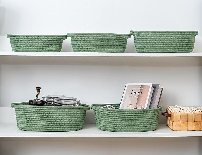 CubesLand Small Shelf Shelves Closet Basket,Woven Toy Basket Bin for Organizing,Storage Cube Organizer Basket Bin,Cute Rope Gifts Basket,Back Shool Supplies,Over Toilet Storage Basket,Green 5-Piece