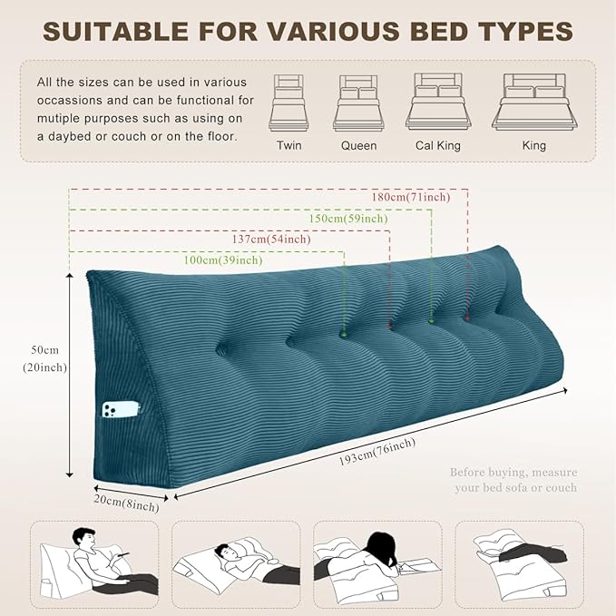 Headboard Pillow - Queen-Sized Headboard Wedge Pillow for Daybeds and Bunk Beds - Durable, Comfortable, with Removable Velvet Cover (Navy blue, 59x20x8Inches)