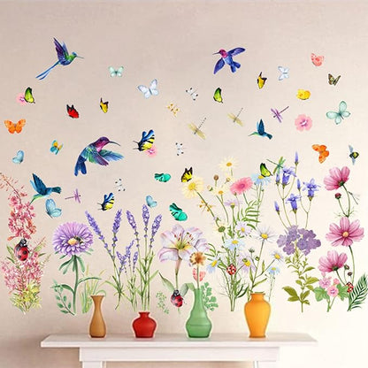 Garden Flower Wall Decals Window Clings, Narcissus Iris Florals Window Decals Peel and Stick, Green Leaves Wall Vinyl Decal, Butterfly Bouquet Wall Art Decor for Girls Bedroom Window Doors