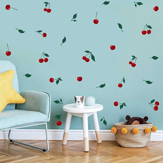 Cherry Wall Decal Fruit Wall Decals Peel and Stick Kitchen Wall Decals Cherries Green Leaf Wall Stickers Cherry Fruit Wall Stickers for Living Room Bedroom Nursery Decor
