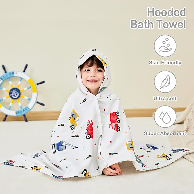 Kids Bath Hooded Towels, Kids Beach Towel for Boys Girls Super Soft and Absorbent, Beach | Pool | Bath | Swim Towels for Baby Kids Ages 0-8, 30X50 in, Truck