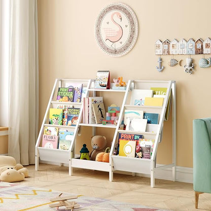 Kids Bookshelf and Toy Organizer, 3-Tier Kids Bookcase, Kids Sling Bookshelf, Toddler Toy Storage Organizer with Bookshelf, for Kids Room, Playroom, Bedroom, Nursery, White BKWT34201