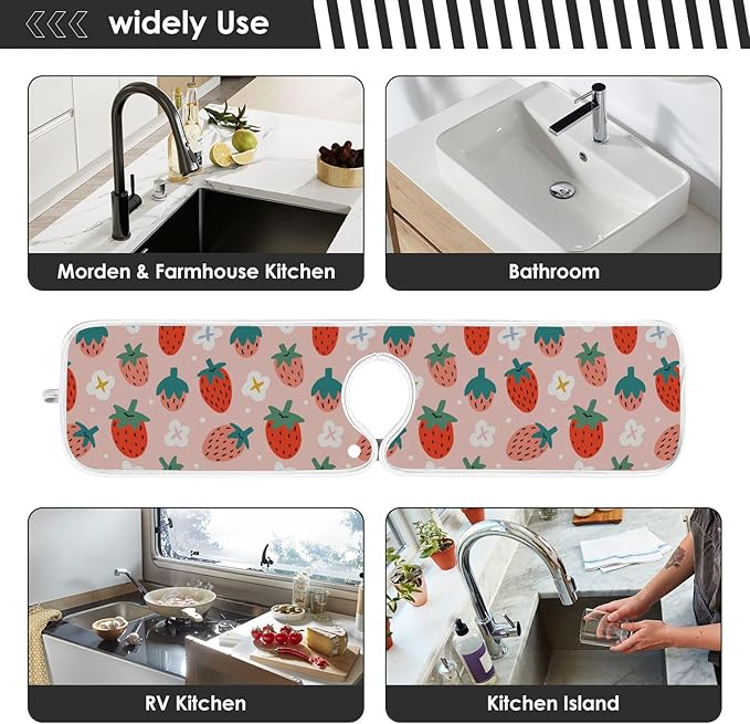 Kitchen Faucet Absorbent Mat,Strawberry Summer Berry Water Splash Guard for Sink, Faucet Drip Catcher Thicken Sponge Microfiber Faucet Water Catcher Mat Sink Absorbent Mat for Kitchen 30x5in 2 Pack