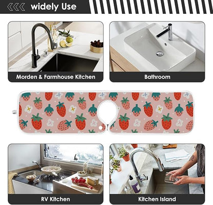 Kitchen Faucet Absorbent Mat,Strawberry Summer Berry Water Splash Guard for Sink, Faucet Drip Catcher Thicken Sponge Microfiber Faucet Water Catcher Mat Sink Absorbent Mat for Kitchen 30x5in 2 Pack