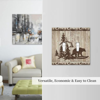 Rustic Wood Bear Forest Double Toggle Light Switch Cover Decorative Vintage Antique Cabin 2 Gang Wall Plate Electrical Faceplate Switchplate for Farmhouse Bathroom Bedroom Living Room Decor