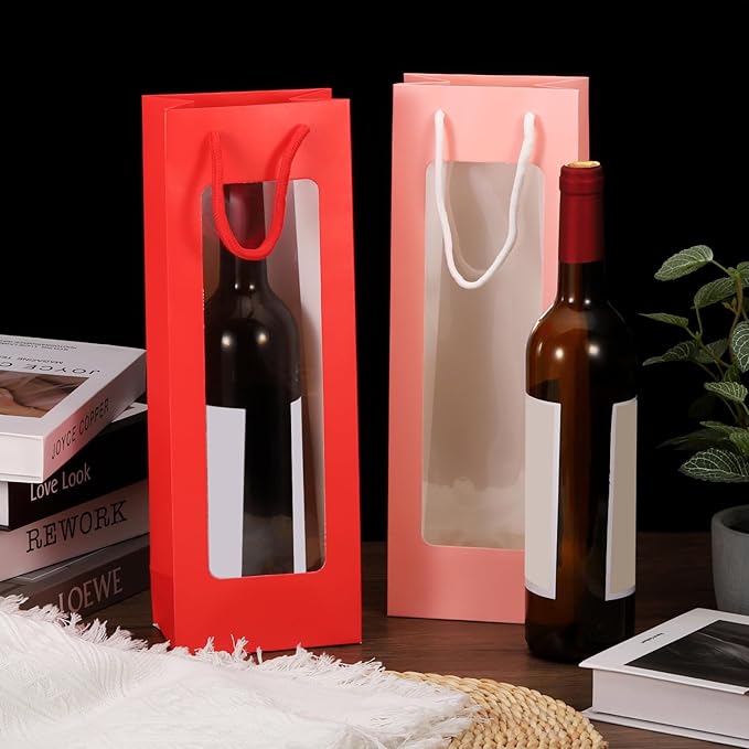 uxcell Wine Bags, 12pcs 4.92"x3.35"x14.2" Wine Gift Bags with Rope Handles, Paper Wine Tote Bag with Clear Window for Wedding Birthday Christmas, White Black