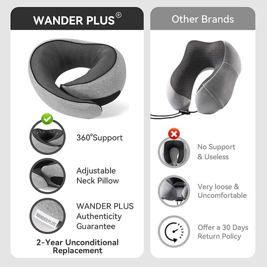 WANDER PLUS® Genuine Travel Pillow, 100% Pure Memory Foam Neck Pillow for Airplanes, Comfortable Breathable Cover, 360° Support Stowable Pillows for Sleeping, Car, Airport Travel Essentials, Grey