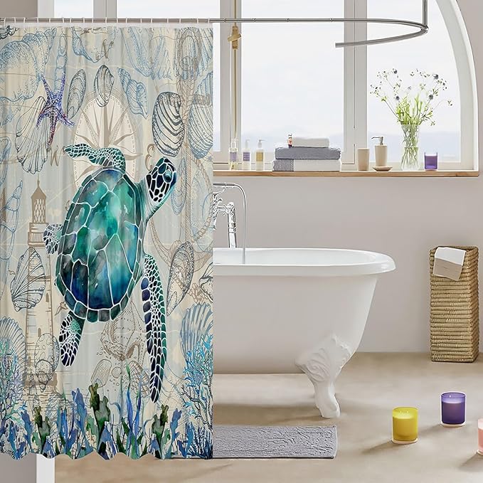 Feelyou Sea Turtle Fabric Shower Curtain Under Sea Animals Shower Curtain for Kids Shells and Corals Bathroom Waterproof Accessories with 12 Hooks Watercolor Green and Brown Curtains,72X78 Inches