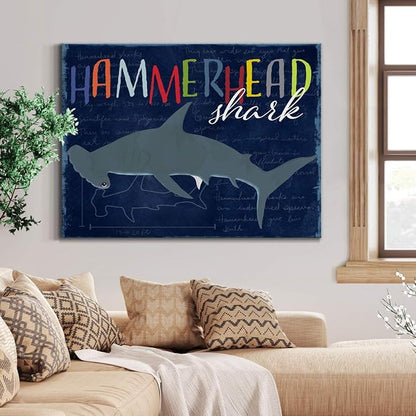 Renditions Gallery Canvas Animal Wall Art Modern Decorations Paintings Colorful Playful Hammerhead Shark Abstract Vibrant Lifestyle Artwork Prints for Kids Bedroom Nursery - 24"x36" LT33