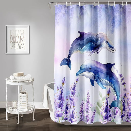AILONEN Watercolor Dolphin Shower Curtain, Cute Dolphin Lavender Flower Bath Curtain,Modern Minimalist Purple Waterproof Fabric Shower Curtain Set with Hooks 72" W*78" H