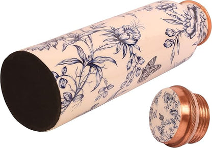 Pure Copper Water Bottle - Handcrafted - Ayurveda health benefits - Large 35 oz - Leak proof - Easy to carry for Sports, Fitness, Yoga, School - White Base Petals Vines Motifs Enamel