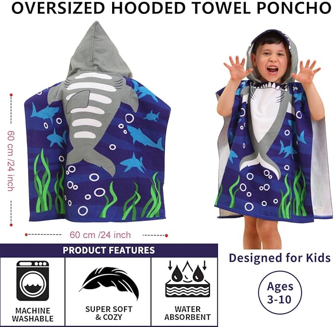 Hooded Kids Beach Towels - Soft Microfiber Poncho Towel for Ages 1 to 6, Quick Dry & Lightweight Swim Cover-ups, Ideal for Boys and Girls
