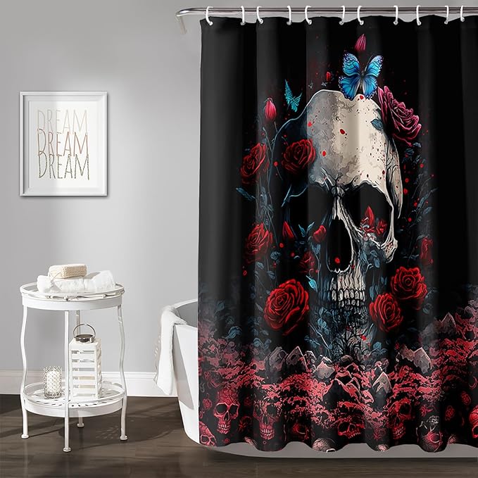 AILONEN 3D Skull Shower Curtain,Oil Ren Rose with Ruins Skull Skeleton Design Shower Curtain Set for Boys Girls Teens,Gothic Skull Waterproof Fabric Shower Curtain for Bathroom,72" W*84" H