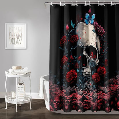 AILONEN 3D Skull Shower Curtain,Oil Ren Rose with Ruins Skull Skeleton Design Shower Curtain Set for Boys Girls Teens,Gothic Skull Waterproof Fabric Shower Curtain for Bathroom,72" W*84" H