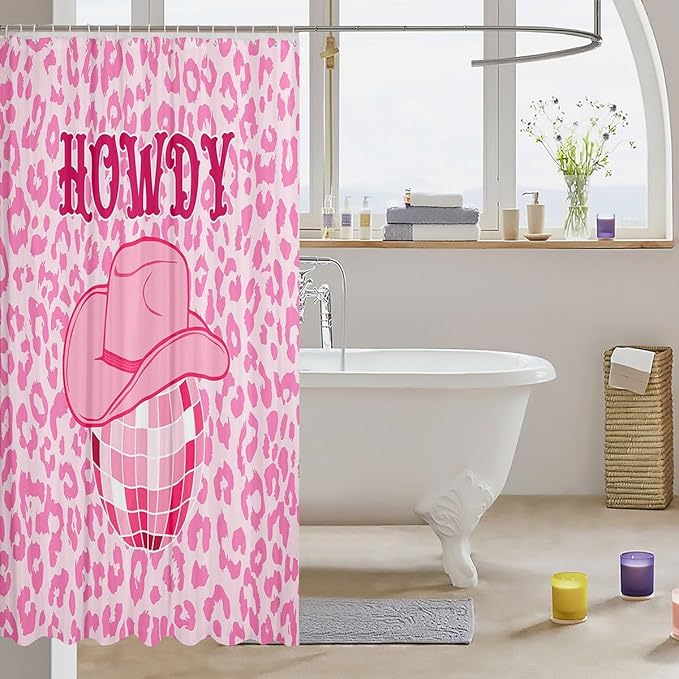 Manfei Western Cowgirl Shower Curtains,Pink Leopard Cheetah Skin Wildlife Bathroom Curtains for Girls Women,Cowboy Hat Rustic Fashion Pink Romantic Waterproof Curtains,12 Hooks Suits,72" W x 78" L