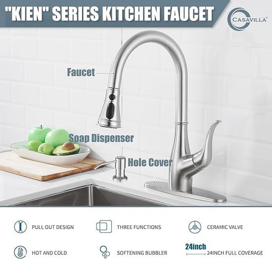 Kitchen Faucet with Soap Dispenser, Faucet for Kitchen Sink, Single Handle Stainless Steel Kitchen Sink Faucets with Pull Down Sprayer and Deck Plate, RV Sink Faucet, Nickel Brushed