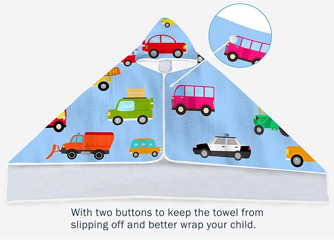 Blue Car Hooded Beach Towel for Kids, Cute Bath Towel with Hood, Boy Microfiber Super Absorbent Soft Poncho Bathrobe for Swin Pool 30”x50”