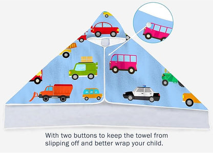 Blue Car Hooded Beach Towel for Kids, Cute Bath Towel with Hood, Boy Microfiber Super Absorbent Soft Poncho Bathrobe for Swin Pool 30”x50”