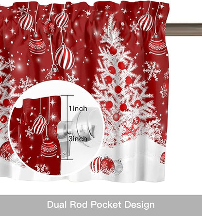 Red Christmas Valance Curtains for Kitchen Windows White Xmas Tree Snowflakes Red Balls Rod Pocket Window Treatment Toppers for Kitchen/Living Room/Bedroom/Bathroom, 42" X 18", Winter