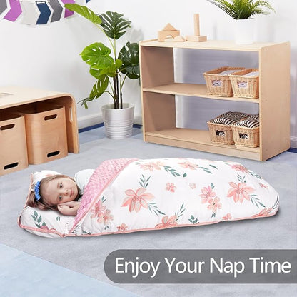 Nap Mat- Toddler Nap Mat with Pillow & Fleece Blanket- 55''*35''*3'' Nap Mat for Toddlers- Nap Mats for Preschool, Daycare