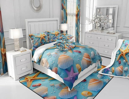 Feelyou Starfish Fabric Shower Curtain Seashell Shower Curtain for Teens Blue Ocean Bathroom Waterproof Accessories with 12 Hooks Summer Curtains,72x84 Inches