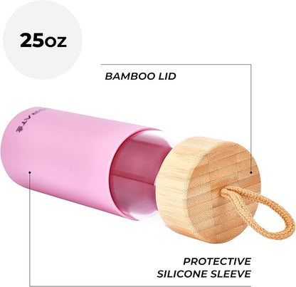 HYDRATE Glass Water Bottles 25 oz - Gym Drinking Bottles with Slip Resistant Silicone Sleeve and Leak Proof Bamboo Lid - Clear Sports Bottle Made of Borosilicate Glass - 10 x 3 inches - Pink