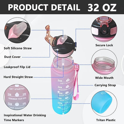 Sea Turtle Water Bottle with Straw, Carry Strap, LeakProof, Tritan BPA Free, 32 Oz Motivational Water Bottle with Time Marker to Ensure You Drink Enough Water for Gym Fitness Outdoor