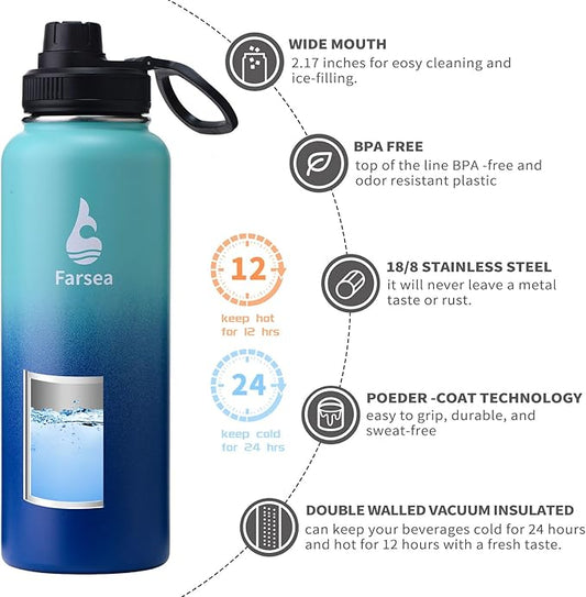 Farsea Insulated Water Bottle With Paracord Handle, Protective Boot and 2 Lids (Straw Lid & Spout Lid), Stainless Steel Water Bottle Wide Mouth, Double Wall Sweat-Proof BPA-Free, 40 oz