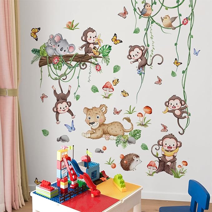 Safari Monkey Climbing Tree Wall Stickers Jungle Animals Vine Leaves Wall Stickers Vinyl Sloth Leopard Butterfly Plants Mural Art Decor for Kids Baby Nursery Bedroom Living Room Sofa TV Wall