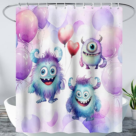 AILONEN Monster Shower Curtain for Bathroom, Cute Monster Purple Balloon Printed Bath Curtain,Women Girls Kids Minimalist Waterproof Fabric Shower Curtain Set with Hooks 36" W*72" H