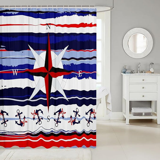 Feelyou Compass Shower Curtain Ocean Themed Fabric Shower Curtain for Kids Boys Girls Anchor Bathroom Waterproof Accessories with 12 Hooks Blue Red White Striped Curtains,72X72 Inches