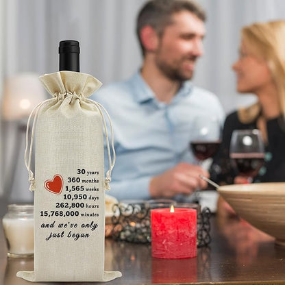 30th Anniversary Wedding Gift for Wife Husband Wine Bag 30th Years of Marriage Gift for Women Men Burlap Wine Wrapping Bag Valentine Christmas Thanksgiving Gifts for Couples Wine Gift Bag