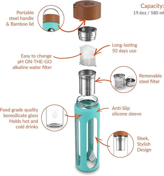 Invigorated Water Portable Alkaline Water Bottle - Enhances pH - Convenient Water Filter Functionality - Alkaline Water Bottle with Filter 580 ml - Alkaline Water Machine - Alkaline Water Sink Filter