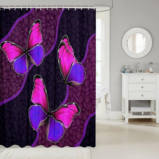 Feelyou Butterfly Shower Curtain 72"x84" Kids Butterflies Botanical Floral Print Bathroom Shower Curtain Set for Boys Girls Teens Geometric Stripes Bath Curtain Pink Purple Bathroom Accessories