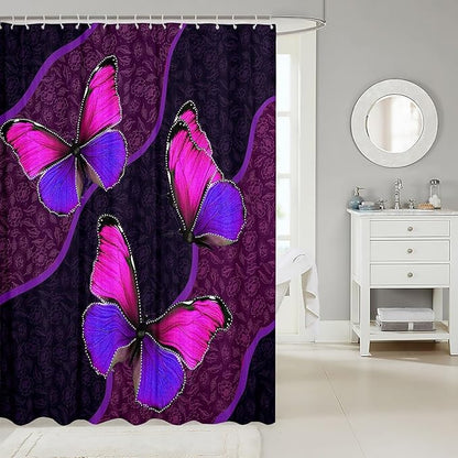 Feelyou Butterfly Shower Curtain 72"x78" Kids Butterflies Botanical Floral Print Bathroom Shower Curtain Set for Boys Girls Teens Geometric Stripes Bath Curtain Pink Purple Bathroom Accessories