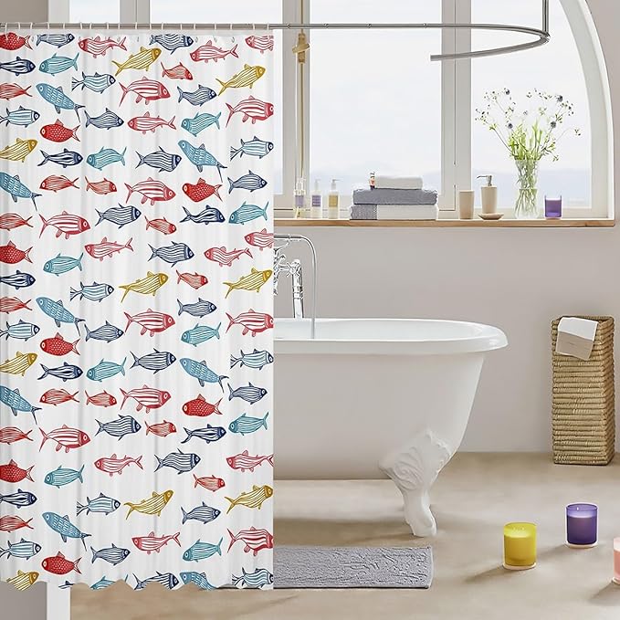 Feelyou Cartoon Fish Shower Curtain 72"x72" Kids Marine Life Sea Bathroom Shower Curtain Set for Boys Girls Teens Ocean Marine Themed Bath Curtain White Red Blue Yellow Bathroom Accessories