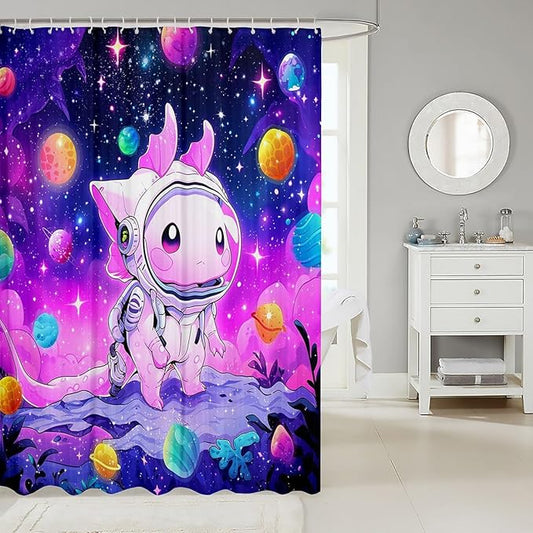 Cartoon Axolotl Kids Shower Curtains,Starry Sky Galaxy Outer Space Planet Bathroom Curtains for Girls Boys,Cute Salamander Astronaut Purple Chic Waterproof Curtains,12 Hooks Suits,72"W x 84"L