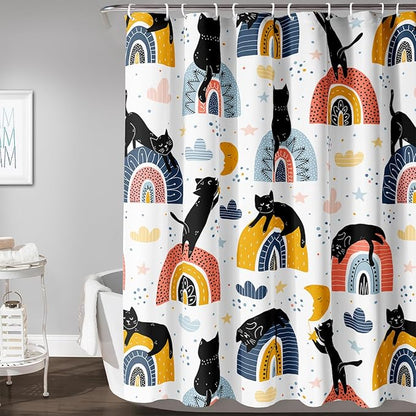 AILONEN Cat Shower Curtain, Rainbow Cat Bath Curtain,Cute Black Cat Bathroom Curtain Decor,Cat Lover Polyester Waterproof 48" W*72" H Shower Curtain (12 Hooks)