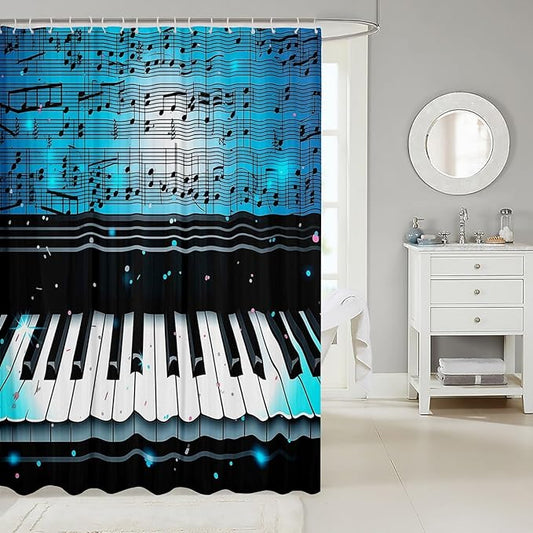 Feelyou Piano Shower Curtain Boys Girls Musical Fabric Shower Curtain for Kids Music Theme Bathroom Waterproof Accessories with 12 Hooks Blue Curtains,72x84 Inches