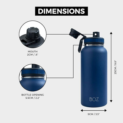 BOZ Stainless Steel Water Bottle - Vaccum Insulated Water Bottle 32 Oz - Wide Mouth BPA Free Sport Water Bottle for Gym with Spout Lid - Thermal Hot & Cold 1 Litre Blue Waterbottle