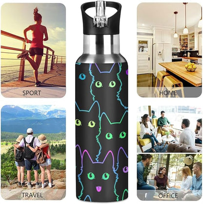 senya 20 Oz Water Bottle with Straw Colorful Neon Cat Stainless Steel Water Bottle for Traveling Sports Leakproof Insulated Water Bottle