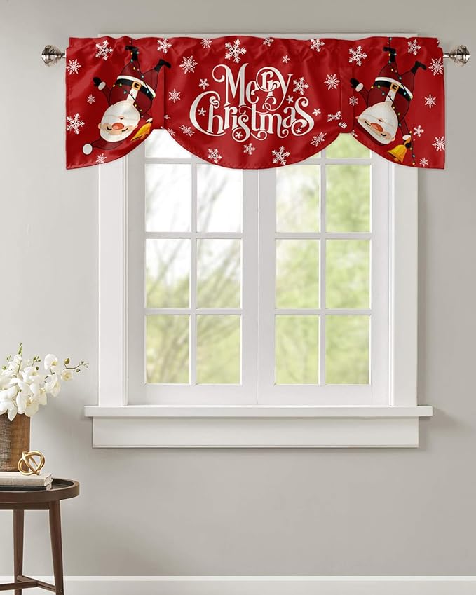 Red Merry Christmas Blackout Tie Up Valance Curtains for Kitchen Windows Funny Hanging Santa Window Toppers Balloon Shades for Living Room/Bathroom/Bedroom,1 Panel, 54" X 18", Snow Winter Holiday