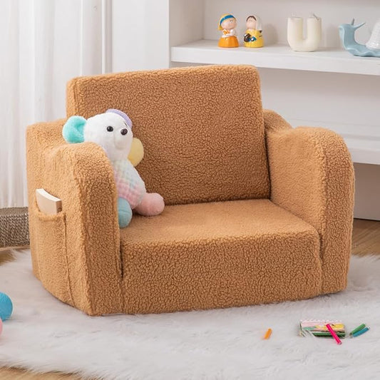Baby Toddler Sofa Couch for Kids Foldable 2-in-1 Sherpa Fold Out Couch Bed for Playroom, Pull Out Children Convertible Sofa to Lounger Sleeper Chair for Boys & Girls with Double Pockets - Dark Camel