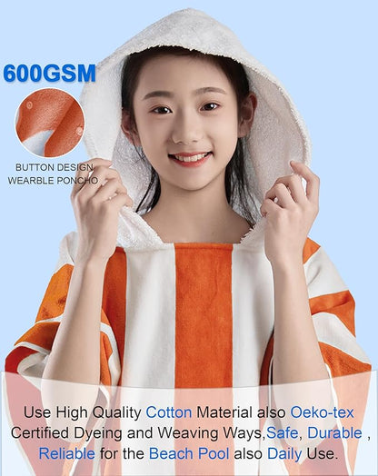 VOOVA & MOVAS Hooded Bath Towel for Big Kids | Large (8-16Years) Thick and Absorbent Cotton Poncho Towel Robe for Pool, Swim, and Bath - Red and White Cabana