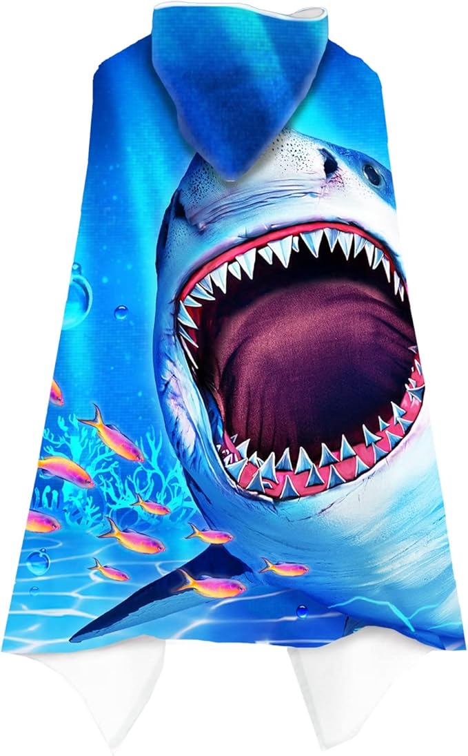 Shark Beach Towel, Shark Towel for Kids with Hood, Ocean Fishes Hooded Towel for Boys 30" x 50", Funny Sea Animals Microfiber Absorbent Soft Bath Towel Poncho Bathrobe for Swin Pool