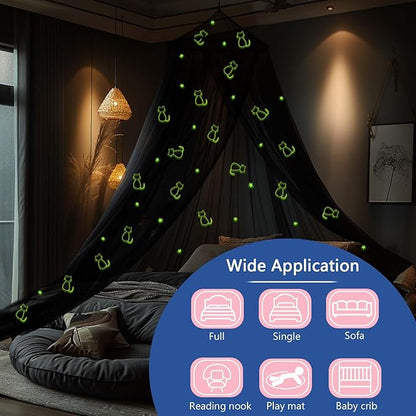 Daksha Black Princess Bed Canopy for Girls with Glowing Stars and Cats, Ceiling Tent for Kids Room Decor, Fits Twin, Full and Queen Size Beds